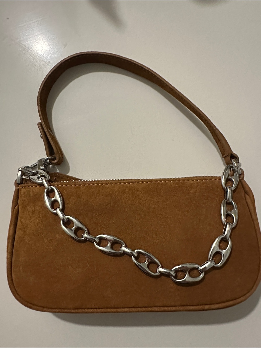 By Far Brown Suede Shoulder Bag with Silver Chain Strap - Tan